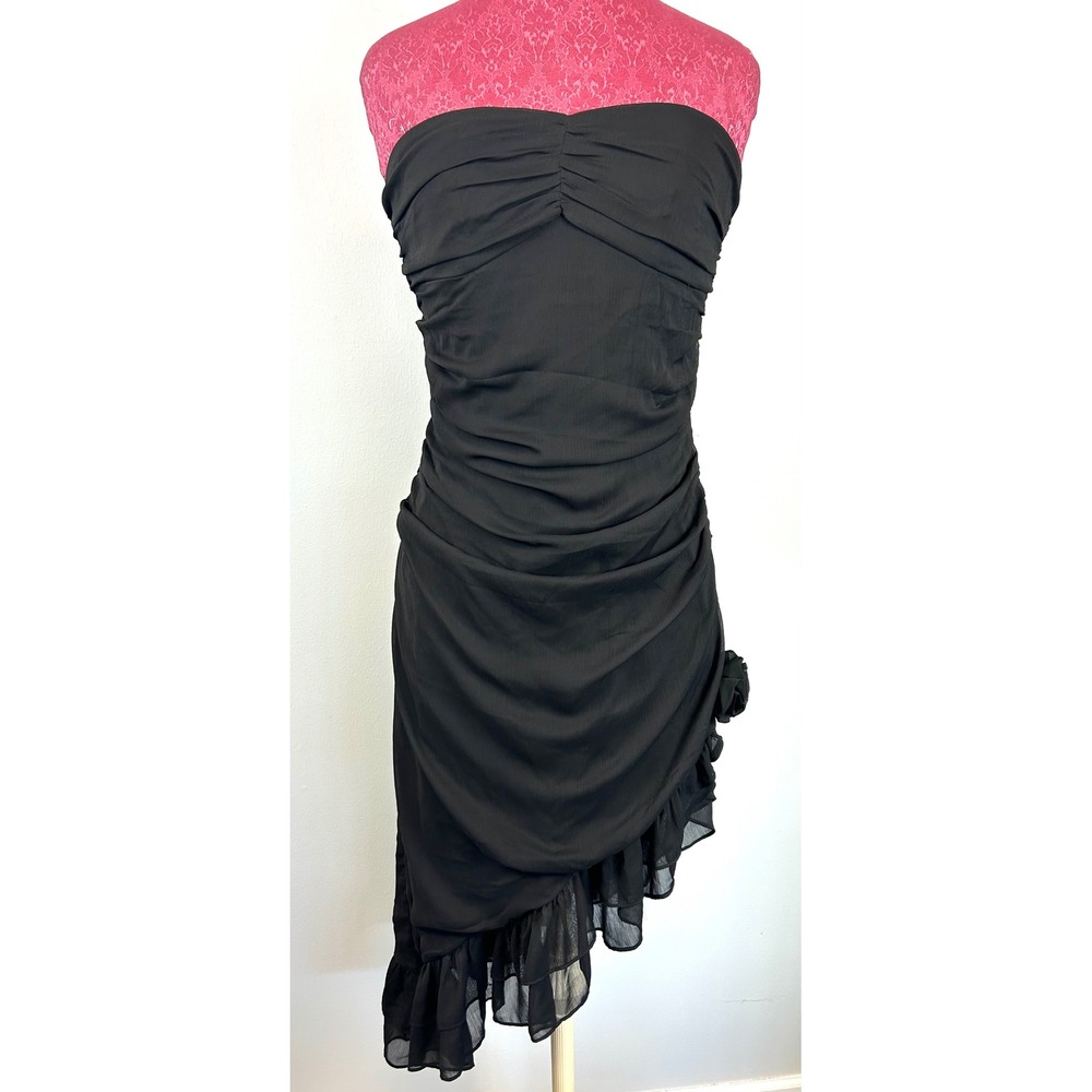 Y2K Black Ruched Strapless Dress Medium Ruffle Asymmetrical Fairy Whimsigoth